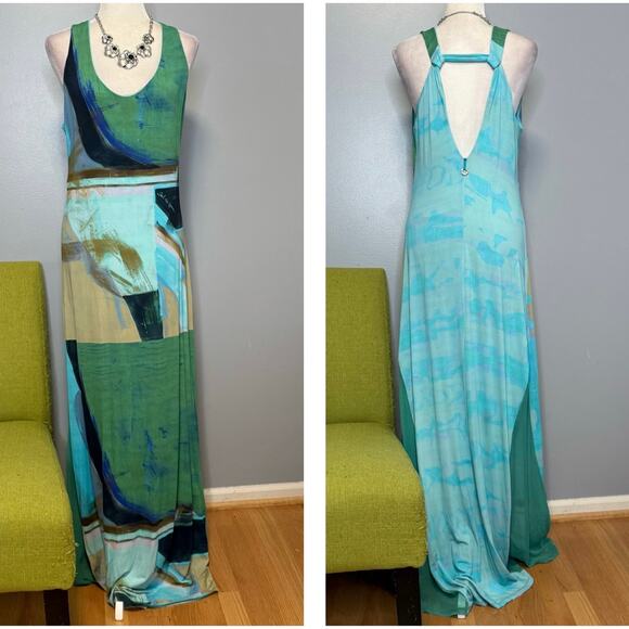 Save The Queen Dresses & Skirts - Save the Queen Blue Green Graphic Sleeveless Maxi Dress XXL